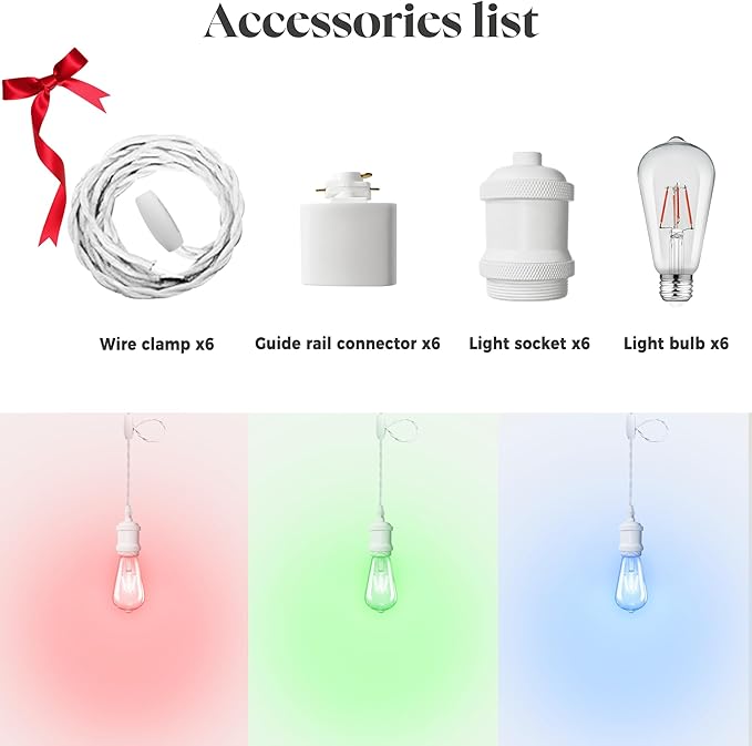 RGB Pendant Lights for Kids Room & Party Decor – 6-Pack White Track-Mounted Fixtures with Red Green Blue Bulbs, E26 Base, H-Type Track Compatible