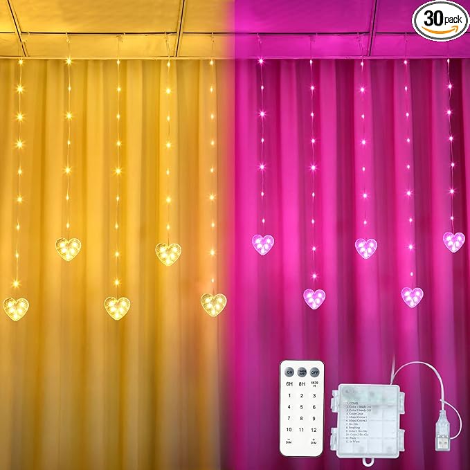 Heart Curtain Lights Battery Operated Valentines Day Decor, 10ft x 3.3ft Warm White & Multicolor Twinkle Fairy String Lights Curtain, Timer & IR Remote for Indoor Outdoor Christmas Decor