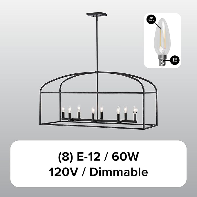 Asher Hamilton AHP-210BK Montclair 40 Inch Pendant Light | Adjustable 18.9 to 57.6 Inch Height | E12 Candelabra Base | Dry Rated for Indoor Use Only | Black Finish (Black, 8-Light Chandelier)