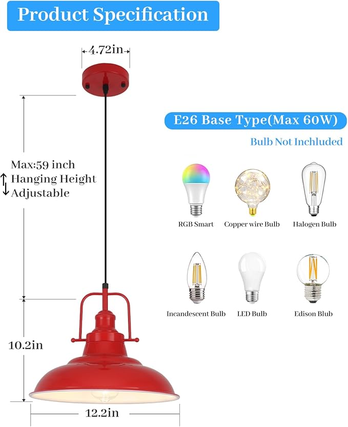 Farmhouse Pendant Lighting for Kitchen Island,Red Pendant Light with Handle, Adjustable Height Industrial Ceiling Light Fixture for Hallway Dining Room Bar,2 Pack