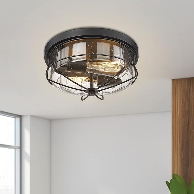 Darkaway Ceiling Light Fixtures Flush Mount Light Fixtures with Seeded Shade, Indoor Outdoor Ceiling Light for Hallway Entryway Bedroom Porch Kitchen Stairways 2-Light E26