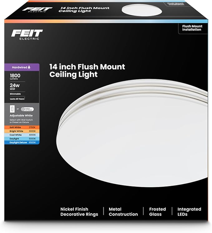 Feit Electric 14" Adjustable White LED Ceiling Fixture, Dimmable Flush Mount Light, Selectable Color Temperature, Chrome Dual-Ring Finish, Versatile Lighting, 50,000-Hour Lifespan, FM14/DR1/6WY/NK