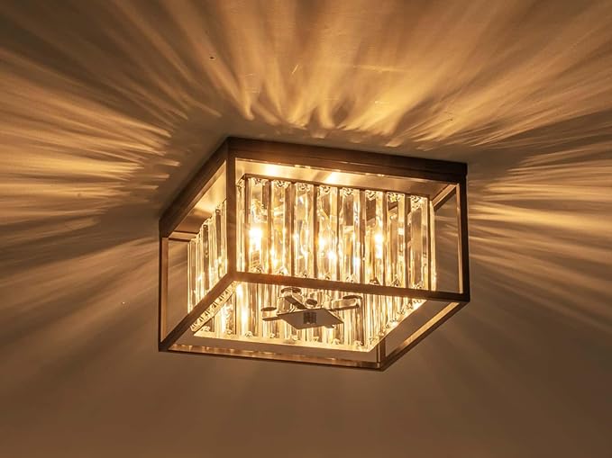 LumFurn 4-Lights K9 Crystal Ceiling Light, Close to Ceiling, 2-Tier Square Flushmount Light Fixture for Living Room, Foyer, Bedroom, L12 x W12 x H7, Clear Crystal, Black & Chrome Finish