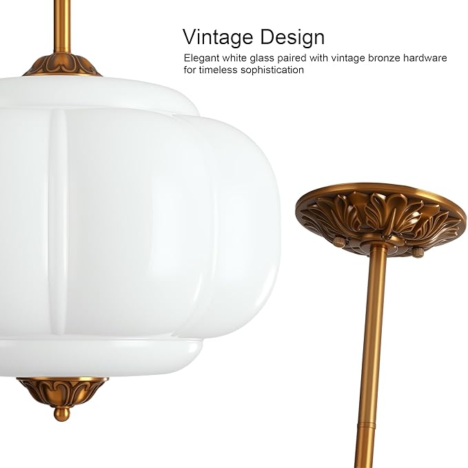 15-Inch Vintage Semi Flush Mount Ceiling Light, Milk Glass Chandelier with Antique Brass Finish, Mid Century Modern Schoolhouse Pendant Light Fixtures for Kitchen, Hallway, Dining Room