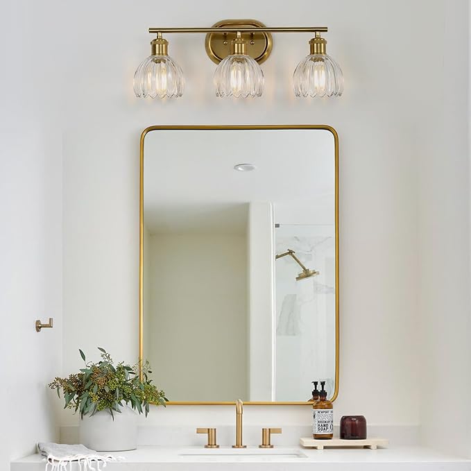3-Light Bathroom Light Fixtures, Gold Vanity Lights for Bathroom with Ribbed Clear Tulip Glass Shade, Brass Vintage Wall Scone Lighting Over Mirror for Farmhouse,Bedroom,Living Room,Hallway