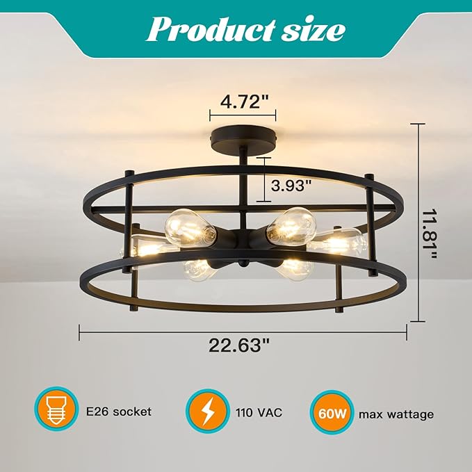 hesoge Large Semi Flush Mount Ceiling Light Fixture Black Cage Ceiling Light 6 Light Chandelier for Kitchen Dining Room Entryway Living Room Bedroom Foyer