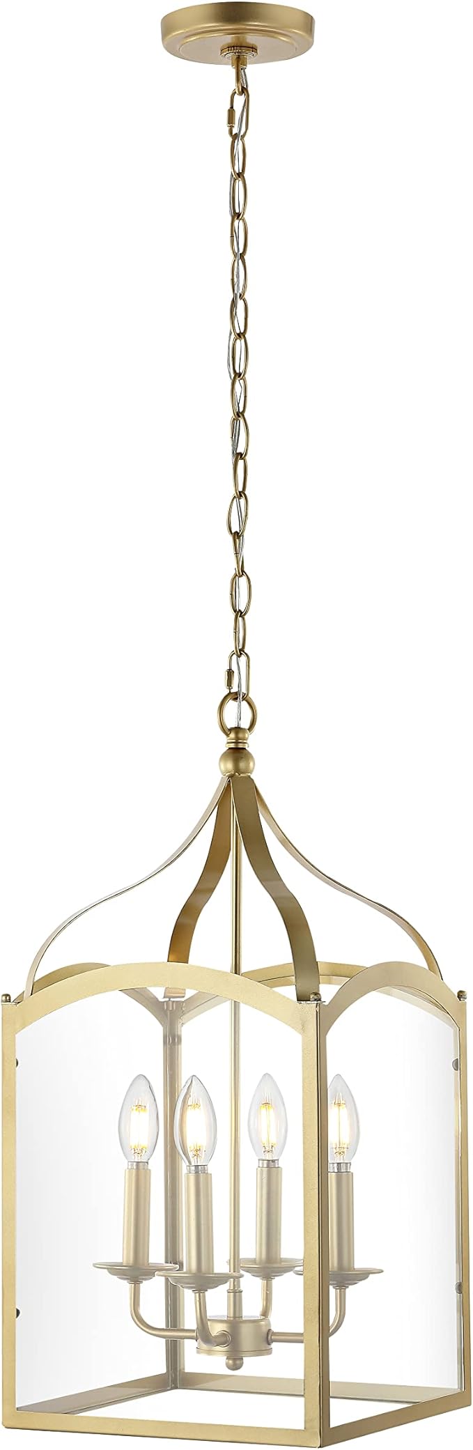 JONATHAN Y 11" Antique Gold 4-Light Traditional Lantern Pendant Light, Metal and Clear Glass Shade, Classic Chandelier for Foyer, Kitchen Island, LED Bulbs Included (JYL7403C)