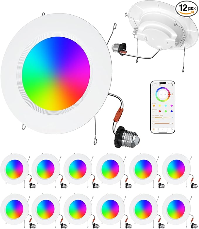 LED Recessed Lighting 5/6 inch, Bluetooth Smart Can Lights, 13W 1050LM, RGB Color Changing, Retrofit Recessed Light Fixtures Compatible with Alexa for Bedroom, Living Room, and Kitchen, 12Pack