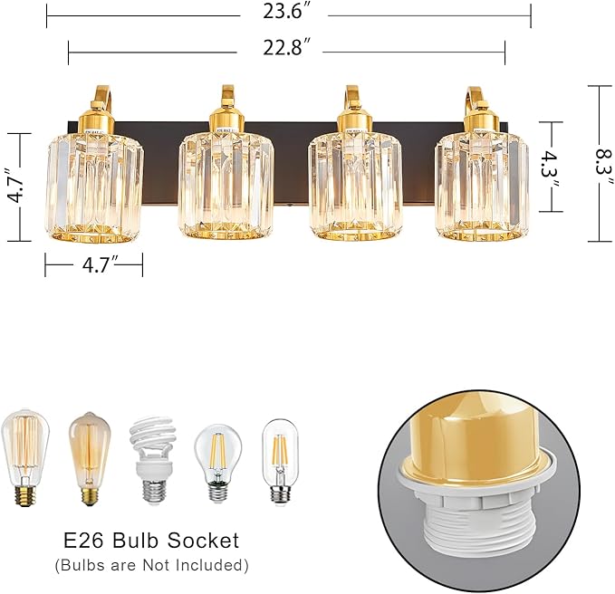 4 Light Crystal Vanity Lights for Bathroom, Modern Matte Black and Gold Wall Lighting Fixtures with Crystal Round Shade Over Mirror (Exclude Bulb)