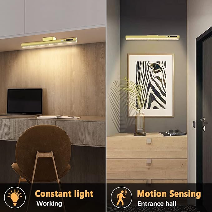 Hapfish Motion Sensor LED Light Bar Indoor, Rechargeable Under Cabinet Lighting Wireless, Magnetic Battery Powered Operated Wall Strip Lights with Remote Control for Picture Mirror Closet Room –Gold