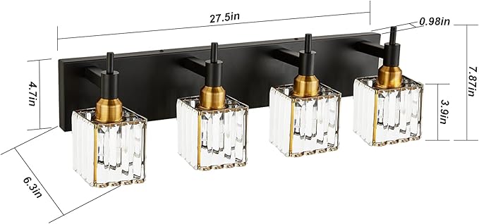Gold Black Crystal Bathroom Lighting Fixtures, 4 Light Brass Modern Crystal Bathroom Vanity Lights Over Mirror Brass Bath Light