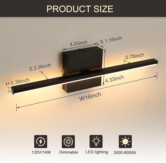 Modern Bathroom Vanity Light 16 Inch, 14W Black Bathroom Light Fixture Over Mirror, Dimmable 5CCT LED Wall Sconce Lighting for Restroom Mirro