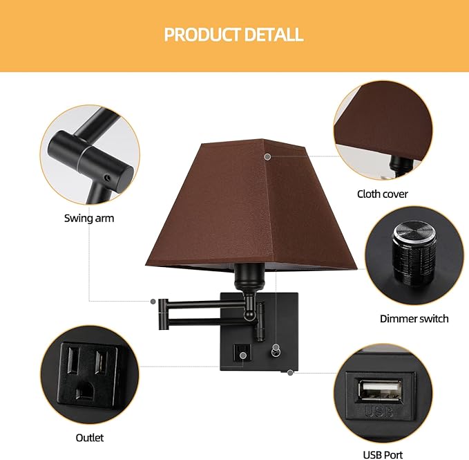 Swing Arm Wall Lamp.Plug in Wall Sconces with USB Port and AC Outlet.Sconces Wall Lighting Coffee Fabric Shade with Dimmable Switch for Hallway Bedroom Living Room.Black Finish.