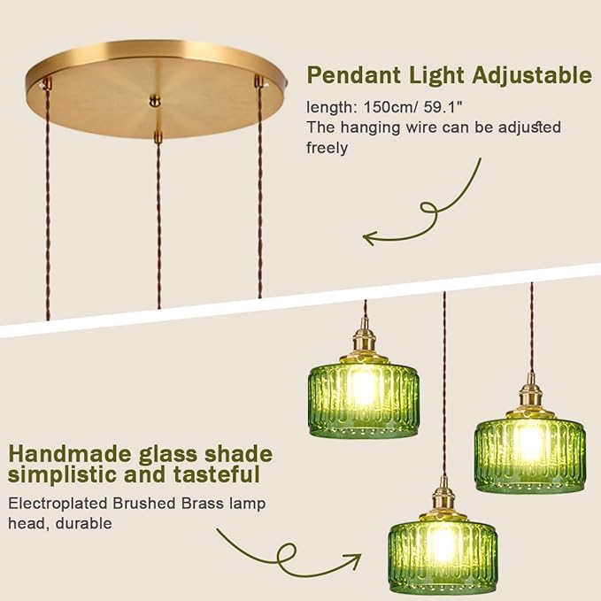 3-Light Modern Chandelier Pendant Light - Mid Century Sputnik Glass Globe With Green Striped Shade, Gold Adjustable Ceiling Lamp for Dining Room