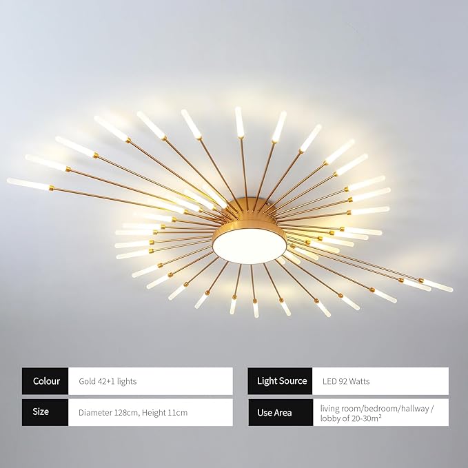 JAYMP 50.4" Ceiling Light Modern Flower Shape Ceiling Lamp for Living Room Dining Room Flush Mount Metal Acrylic Sputnik Firework Petal LED Lighting Fixture (Matte Gold, 42+1 Lights)