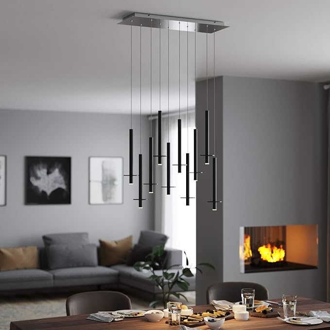 Draco 10 Pendant Lighting Black – LED Hanging Light Fixture for Kitchen Island, Bar, Foyer – Equilateral Cluster of Mini Metal Rod Pipe Tube Cylinders – Dimmable, Adjustable Wire, Lamp Bulb Included