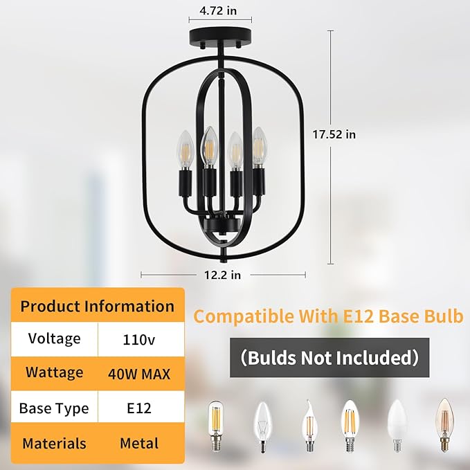 Black Flush Mount Ceiling Light, 4-Light Semi Flush Mount Ceiling Lights Kitchen Lighting Fixtures Industrial Modern Farmhouse Chandelier for Dining Room Foyer Hallway Entryway
