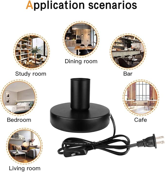 Industrial Table Lamp Base,Small Polished Metal Desktop Light Sockets Base Only,Vintage E26/E27 Edison Screw Light Bulb Holder Base,with 6ft Cord Switch Plug Bulb Base Holder（Black）