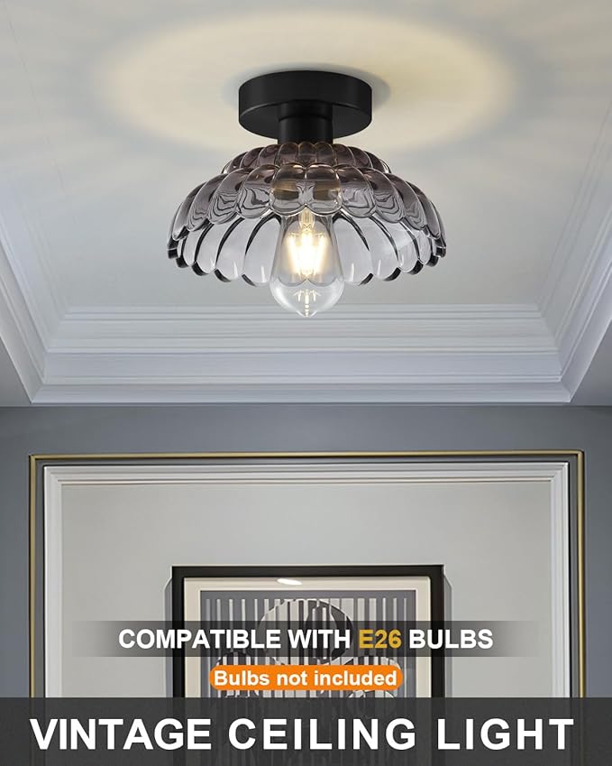 ANYLOVE 10 Inch Smoke Gray Vintage Glass Semi Flush Mount Ceiling Light, E26 Socket for Bedroom Kitchen Hallway Foyer
