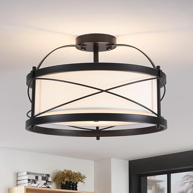 Modern Flush Mount Ceiling Light, 3-Light Black Metal White Fabric Shade Close to Ceiling Light Fixture for Kitchen Dining Room Bedroom Living Room Foyer E26 Base (Not Included Bulb)