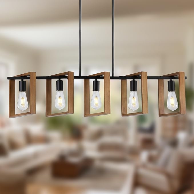 9MMML 41.5" Kitchen Island Lighting,5 Lights Dining Room Light Fixtures, Rustic Farmhouse Height Adjustable Wood Chandeliers for Kitchen, Pool Table Lights, Black Body+Wood Frame,E26.