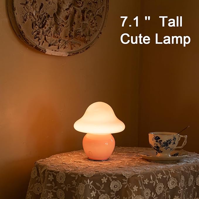 HEQET Mushroom Lamp Pink Glass Mushroom Table Lamp for Bedrooms, Living Room, Aesthetic Lamps for Bedroom, Cute Bedside Lamp