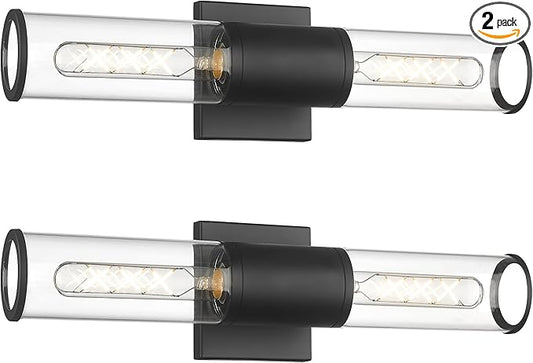 Black Vanity Light Set of 2, 2 Light Modern Bathroom Light Fixtures Over Mirror with Clear Glass Shade, Up and Down Indoor Wall Sconce for Bathroom Bedroom Hallway, VL834-MB-2PK