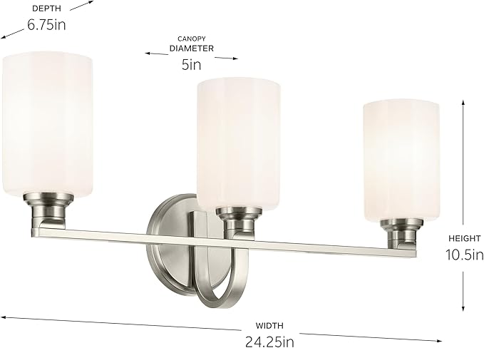 Kichler Gioe 24.25 in 3-Light Bathroom Vanity Light Fixture with Opal Glass in Brushed Nickel, Damp Rated Modern Wall Mount for Mirror, Powder Room (24.25 in W x 10.5 in H), 55226NI