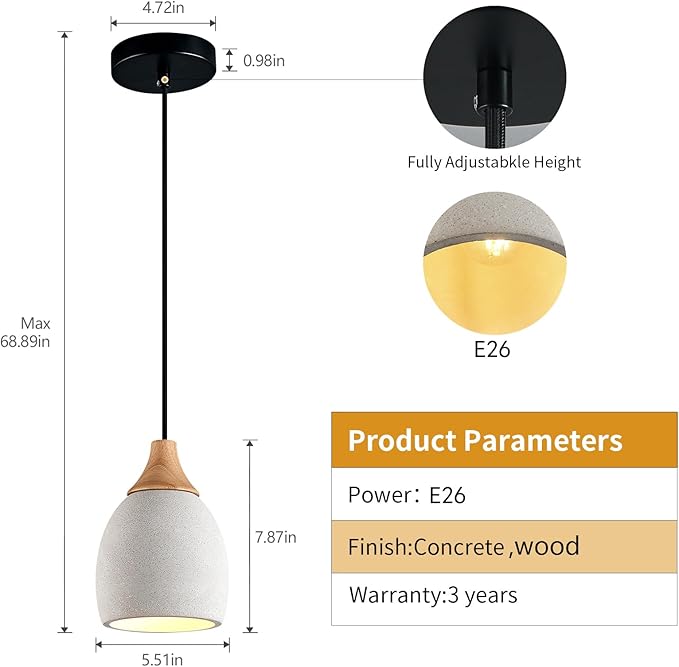 Concrete Pendant Light with Wooden, E26 Hanging Light for Restaurant Bar, Modern Industrial Hanging Cement Pendant Lighting Fixture for Kitchen Island Dinning Room Bedroom(1-Pack)