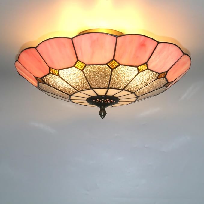 Tiffany Style Ceiling Light 16 Inch 3-Lights Vintage Pendent Stained Glass Flush Mount Ceiling Light Chandelier Lighting Fixtures for Bedroom Dining Room Living Room (Pink 16 Inch)