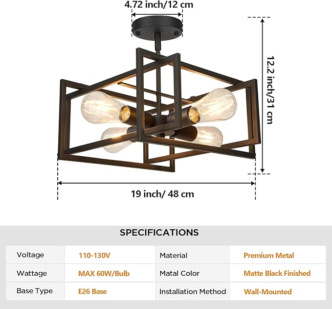 FadimiKoo Industrial 4-Light Semi Flush Mount Ceiling Light Fixture, Farmhouse Metal Black Close to Ceiling Lamp for Kitchen Island Bedroom Hallway, Modern Rectangle Frame