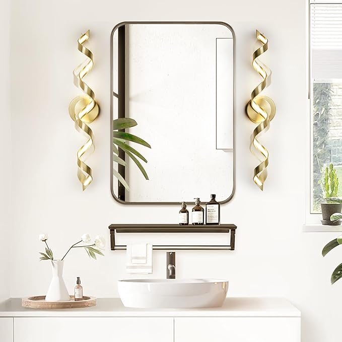 LED Modern Bathroom Vanity Light Fixtures, 31 inch Gold Wall Lamp Bedroom 4000K, Spiral Design Wall Sconce for Mirror, Living Room, Bedroom, Hallway 20W