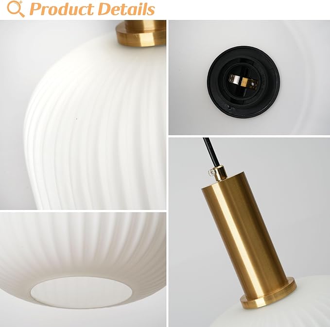 Mid Century Modern Plug in Hanging Light Milk Glass Pendant Light White and Gold Hanging Lamp Plug in Chandelier Lighting with Long Cord for Bedroom Living Room Dining Room Kitchen