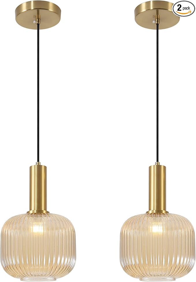 BOKT Modern 2-Pack Glass Pendant Lights Open Amber Ball Ceiling Pendant Lighting Fixture Adjustable Cord Hanging Light Lights Set of Two for Kitchen Island Entryway Dining Room