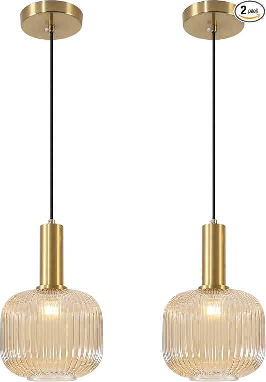 BOKT Modern 2-Pack Glass Pendant Lights Open Amber Ball Ceiling Pendant Lighting Fixture Adjustable Cord Hanging Light Lights Set of Two for Kitchen Island Entryway Dining Room
