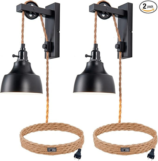 8FT Plug in Wall Sconces Pulley Wall Lamps Vintage Hanging Light Fixture Wall Lights with Plug in Cord On/Off Switch Set of Two Black Wall Lamp for Bedroom, Living Room and Hotel