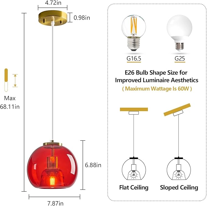 Red Glass Pendant Lights Kitchen Island Gold Hanging Light Fixture Glass Globe Pendant Light Modern Pendant Lighting for Kitchen Island Bedroom Dining Room (7.87", 3 Pack)