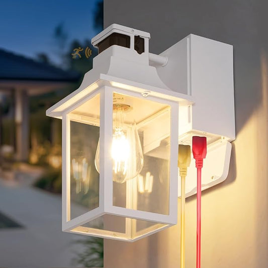 White Porch Light with GFCI Outlet & Motion Sensor, Dusk to Dawn Outdoor Wall Light, Waterproof Aluminum Exterior Light Fixture for Front Door, Garage, Patio(1-Pack)