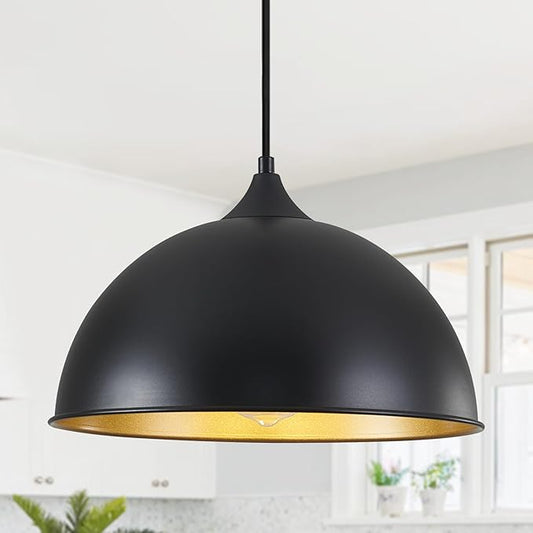 Pendant Lights Kitchen Island, 12" Black and Gold Dome Pendant Light Vintage Industrial Hanging Light Fixtures for Farmhouse Dining Room Restaurant Cafe Entryway