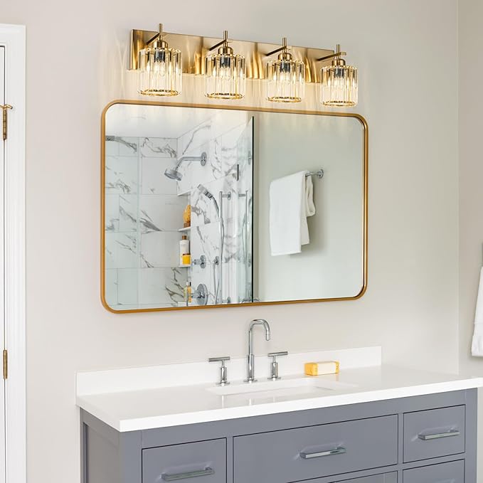 Modern Crystal Bathroom Vanity Lights, Gold 4-Lights Bathroom Light Fixtures Over Mirror, Crystal Wall Lighting with Polished Gold Finish