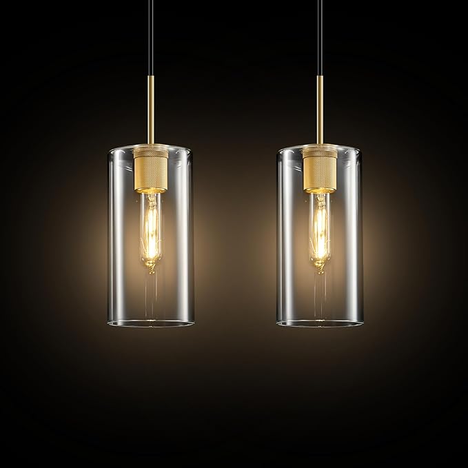 Modern Gold Glass Pendant Light: Cylinder Clear Glass Pendant Light over Kitchen Island Set of 2 - Simple Brass Hanging Lights with Short Tube - Height Adjustable Pendants Lighting Fixture for Bedroom