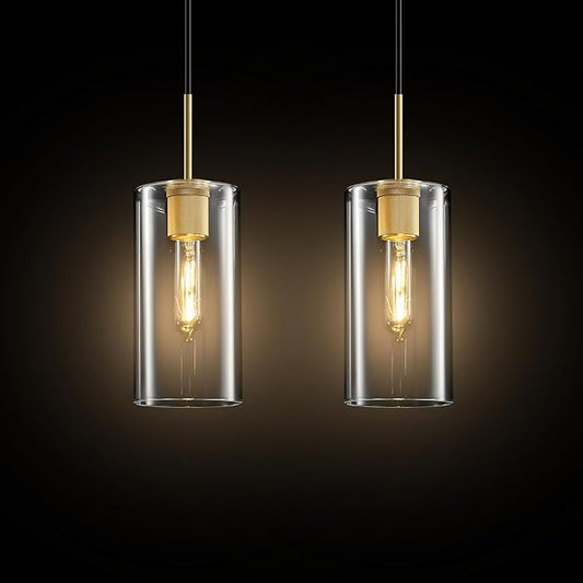 Modern Gold Glass Pendant Light: Cylinder Clear Glass Pendant Light over Kitchen Island Set of 2 - Simple Brass Hanging Lights with Short Tube - Height Adjustable Pendants Lighting Fixture for Bedroom