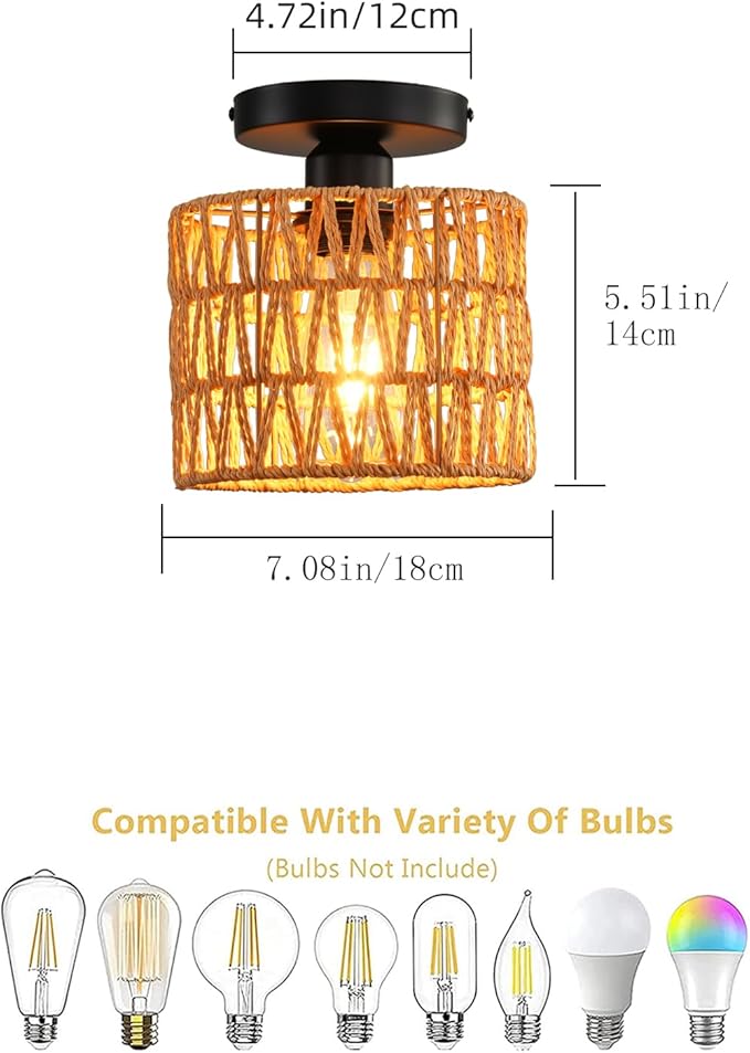 Ceiling Light Fixture,Hand-Woven Rattan Flush Mount Ceiling Light,Farmhouse Light Fixtures Ceiling Mount Boho for Hallway Bedroom Kitchen Entryway Living Room