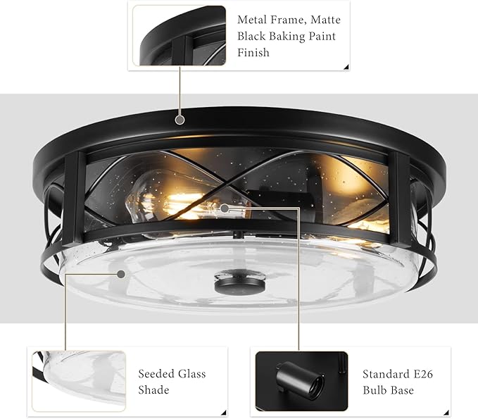 16 Inch Large Flush Mount Ceiling Light with Seeded Glass, 3-Light Black Round Ceiling Lamp, Modern Farmhouse Indoor Outdoor Ceiling Lighting for Kitchen Bedroom Living Dining Room