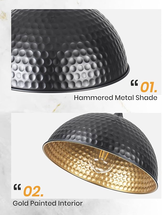 Black Pendant Lights Kitchen Island 12 Inch, Vintage Hammered Pendant Light Fixtures Adjustable Height Dome Pendant Light for Dining Room Bedroom Bar
