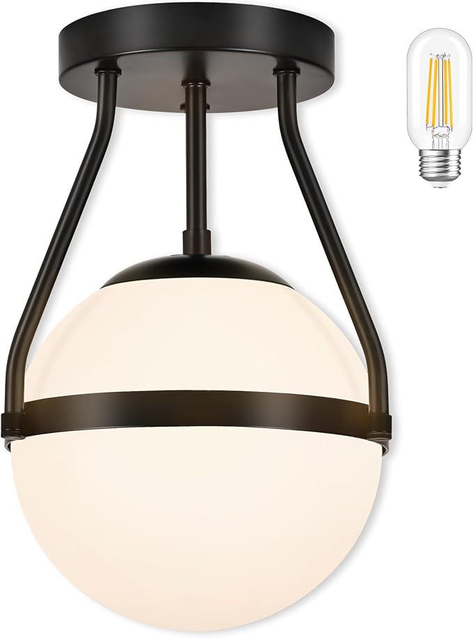 Bagood 8 Inch Mid Century Ceiling Light Modern Semi Flush Mount Ceiling Light Fixture Globe Ceiling Light Fixture with Milk Glass Shade Matte Black Finish for Kitchen Island Hallway Laundry(Bulb Incl)
