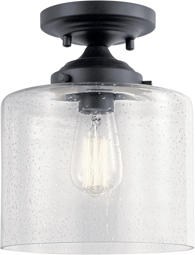 Kichler Winslow 8.5" 1-Light Semi Flush Mount Light with Clear Seeded Glass in Black for Kitchen, Bar, Laundry, Hallway, Bedroom, Dining Room (8.5" x 10.75"), 44033BK