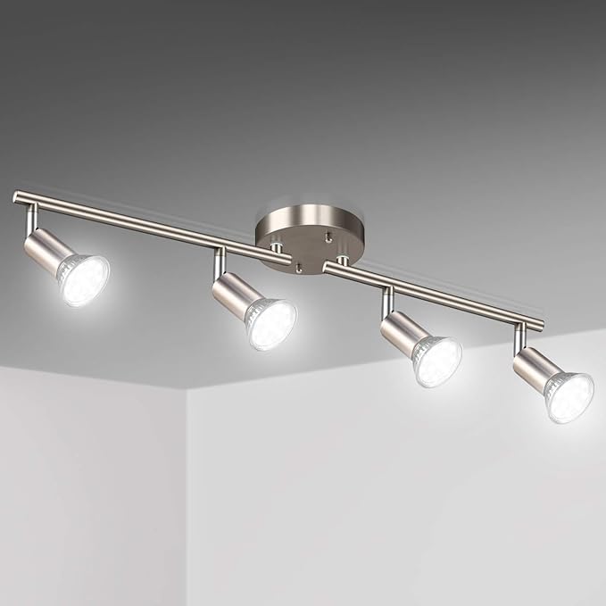 Unicozin LED 4 Light Track Lighting Kit, 24.8'' Matt Nickel 4 Way Ceiling Spot Lighting, Flexibly Rotatable Head, Modern Track Light Included 4 x LED GU10 Bulb (4W, Daylight White 5000K, 400LM)