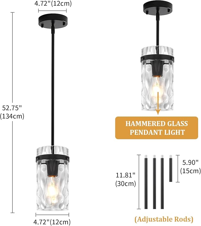 Modern Black Pendant Lights Kitchen Island, Hammered Glass Kitchen Pendant Lighting Over Island Adjustable Hanging Hallway Light Fixtures Mini Chandelier for Dining Room Bathroom Entryway