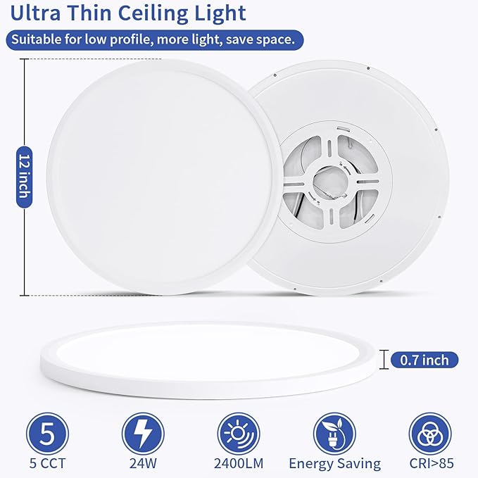 12 inch Led Ceiling Light, 24W Ultra Thin Dimmable Flush Mount Light, 2700K/3500K/4000K/5000K/6500K Selectable Round Ceiling Lamp for Bedroom Kitchen Living Room